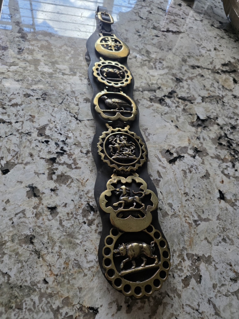 Vintage Leather Martingale Horse Strap With With 6 Brass Medallions .